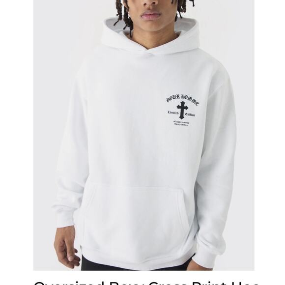 boohoo man Oversized Boxy Cross Print Hoodie White, Mens Small Will Fit Med New! - Picture 11 of 11